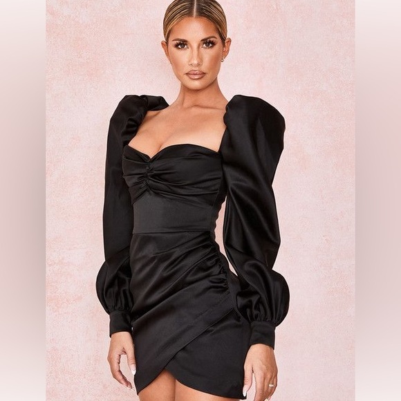 RARE HOUSE OF CB 'Cherie' Black Satin Puff Sleeve Dress NWOT - Picture 9 of 14